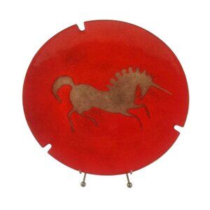 Mid Century Modern Copper Red & Gold Enamel Unicorn Decorative Collectible Plate
